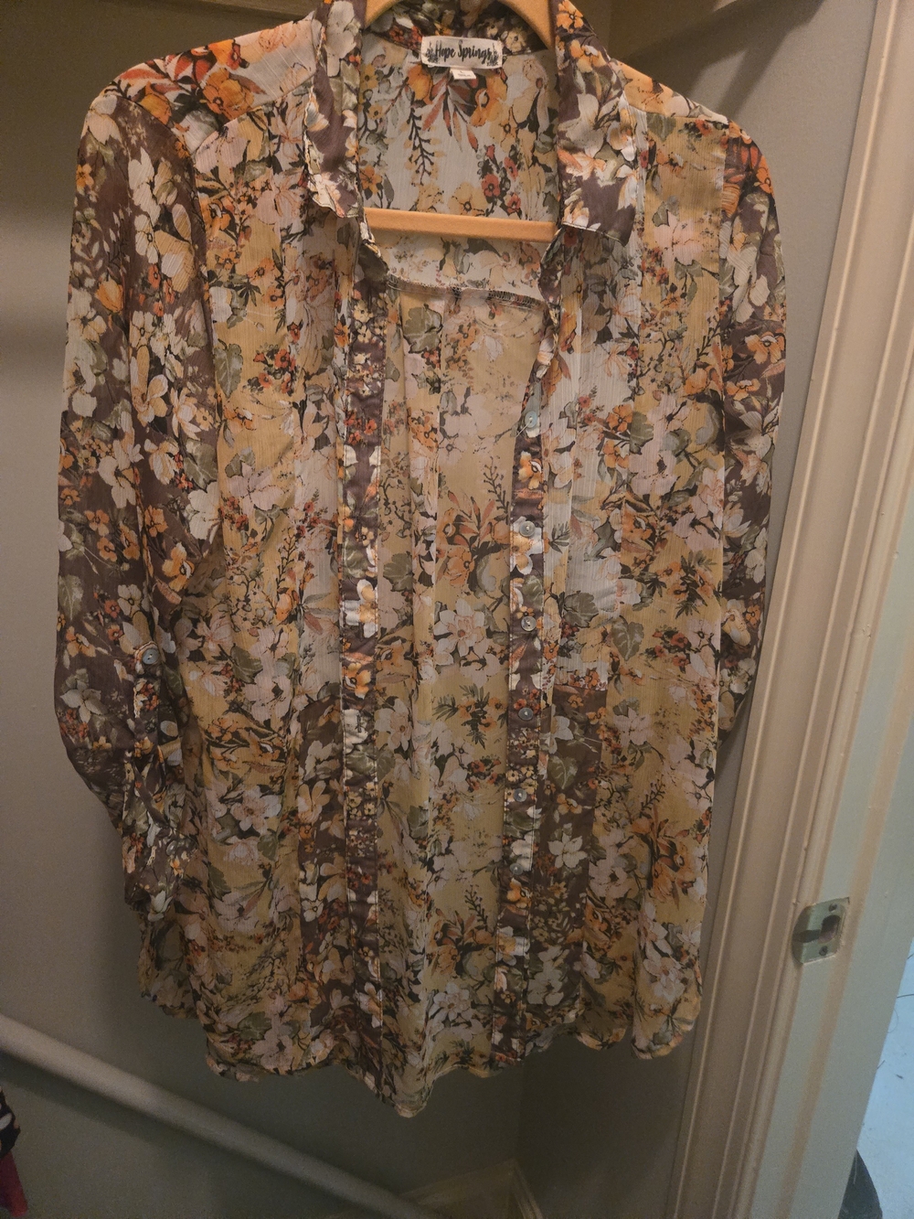 Joie Floral Sheer Button-Down Blouse in Yellow and Brown